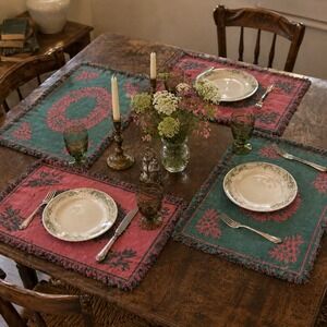 Vintage Woven Reversible Placemats Set of 4 Teal Green Coral Pink Floral Fringe